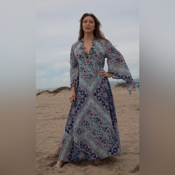 BLUE BOHEME Audrey Printed Maxi kaftan  Dress Butterfly Sleeves  brown large - Picture 14 of 14